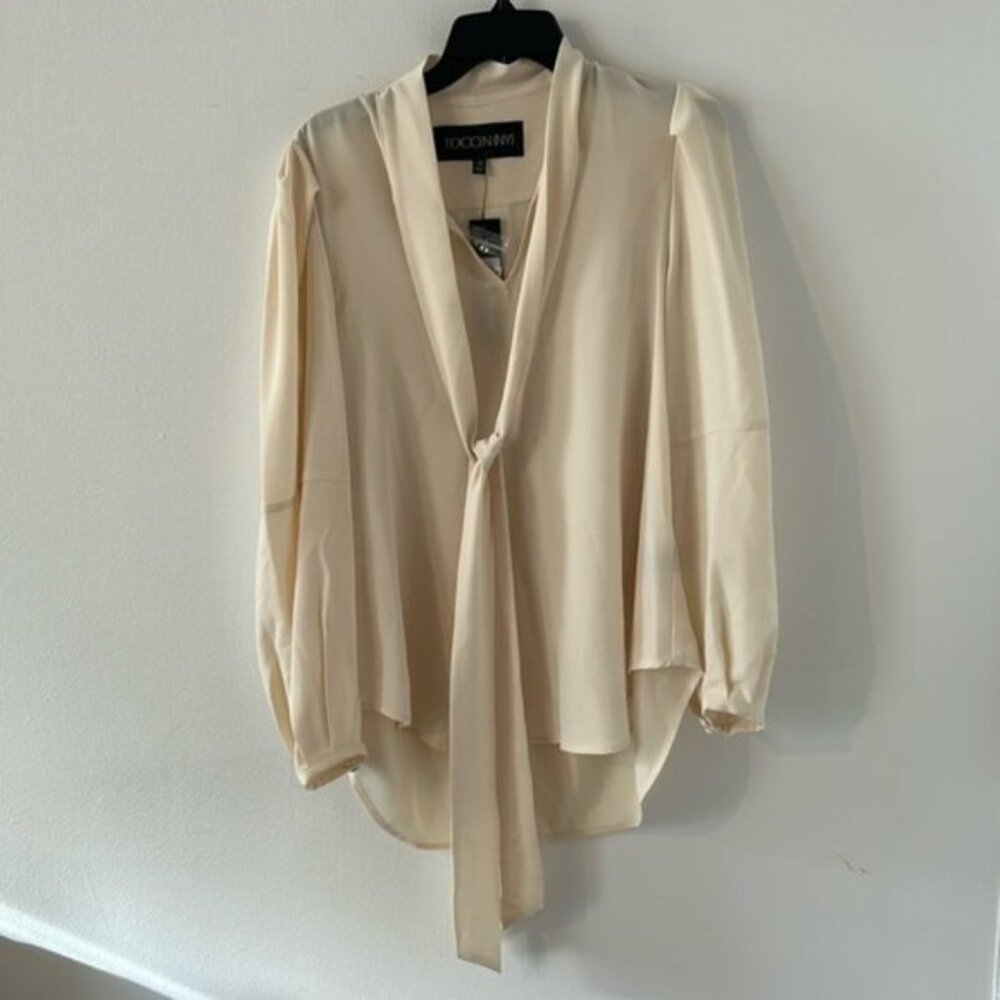 NWT Toccin Women's Cream Tie Front Long Sleeves Lantern Blouse Top Size XS